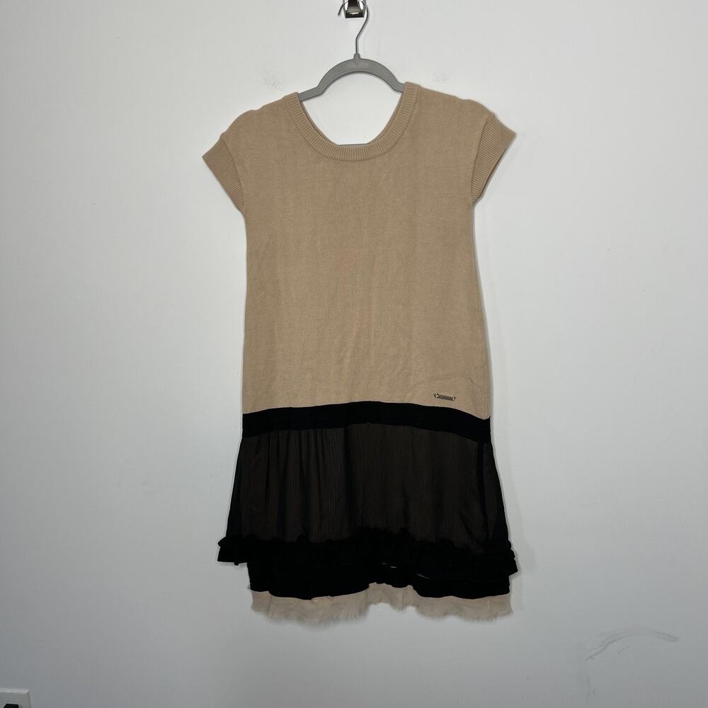 Twin-Set Dress Womens XS Beige Black Knit Sheer Ruffle Cap Sleeve Button Back